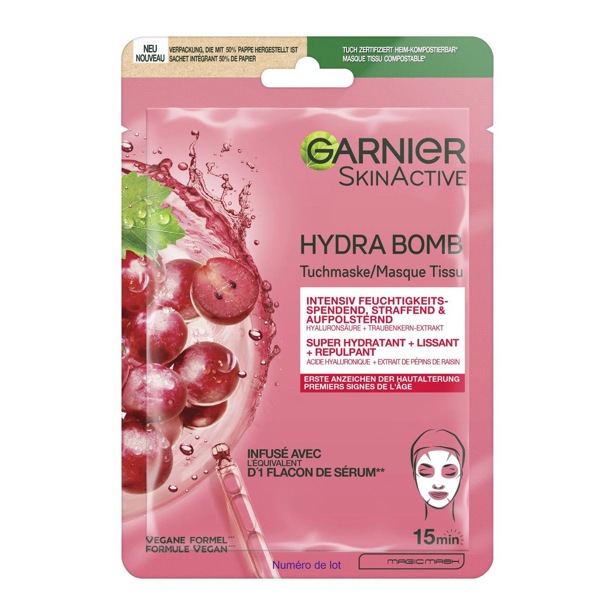Garnier Facial Mask Hyaluronic Acid & Grape Seed Extract, Hydra Bomb - 28g