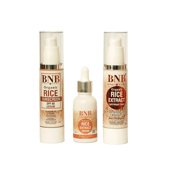 BNB Radiant Rice Trio ( Rice Sunscreen SPF - 50ml + Rice Serum 30ml+ Rice Cream - 50ml)