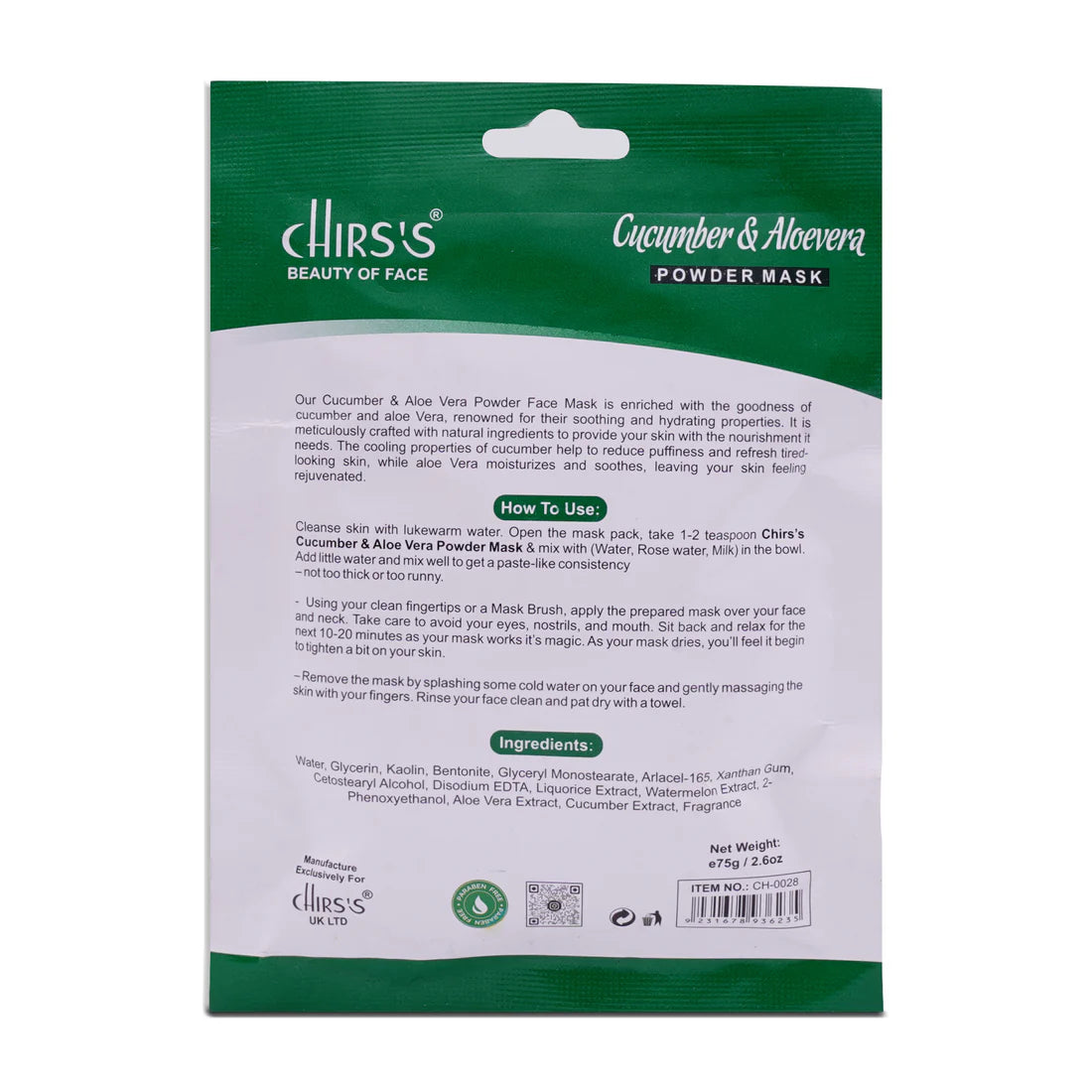 Chirs Cucumber & Aloevera Powder Mask - 75g Chirs Cucumber & Aloevera Powder Mask - 75g