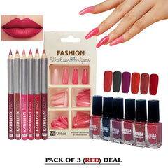 3 In 1 New Makeup Deal Kathleen 6 pcs Lip Liner Pencil +Sunisa 6pcs Nail Polish+96 pcs Fake Nails