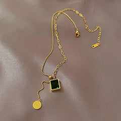 Green Crystal Wafer Square Pendant Necklace – Elegant Sparkle with Modern Charm