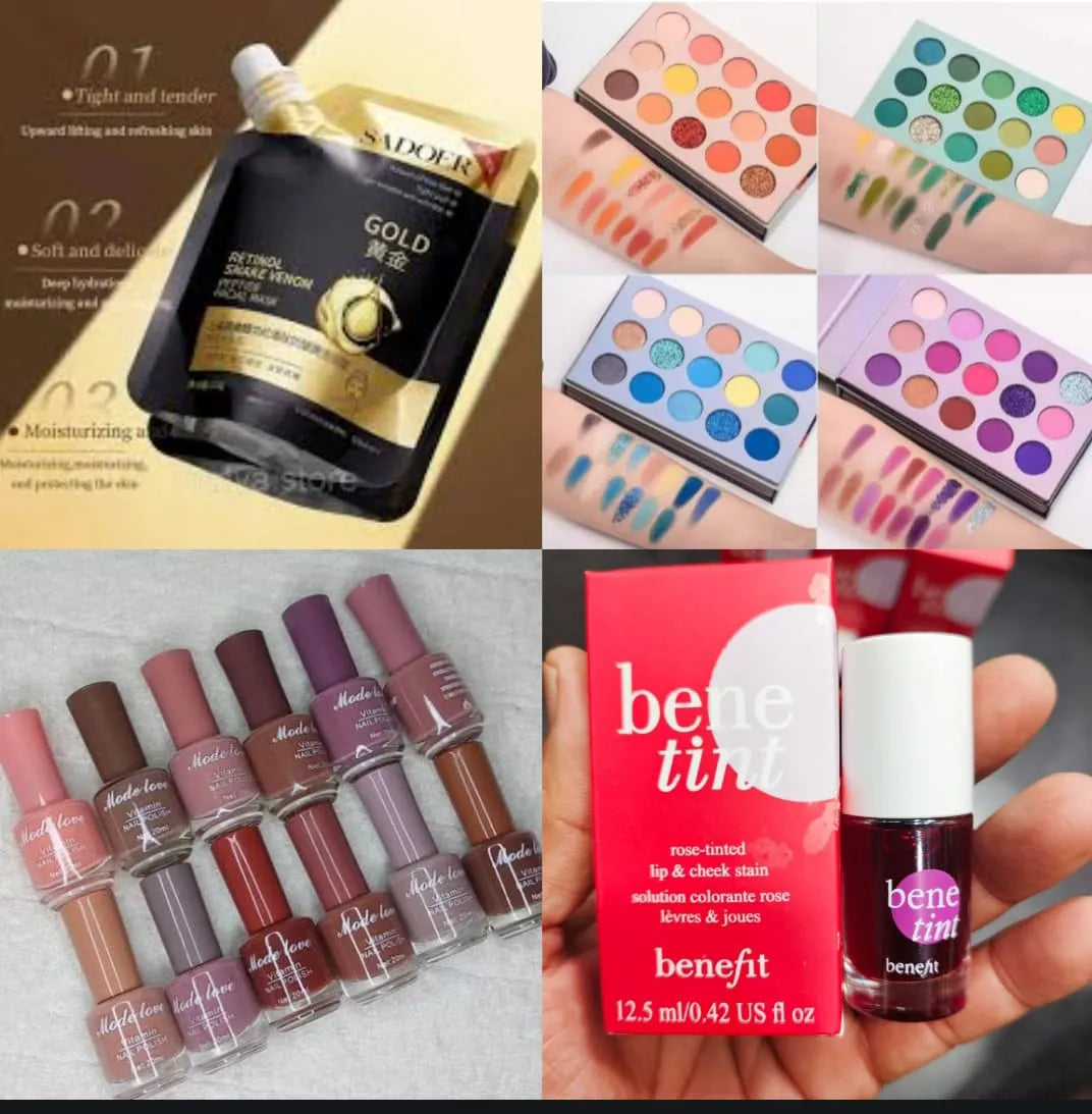 Glow & Glam Beauty Deal – Nude Nail Polish Set + Bene Tint + Gold Peel-Off Mask + 72-Shade Eyeshadow Palette (15 Pcs Set)