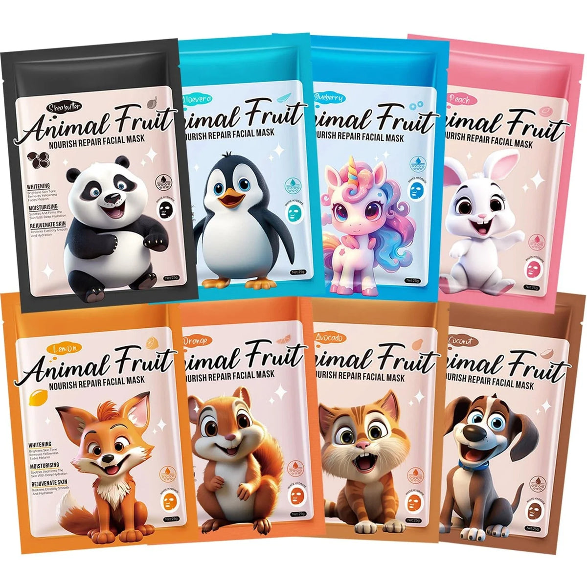 SADOER Pack of 08 Animal Fresh Fruit Natural Animal Series Facial Sheet Mask