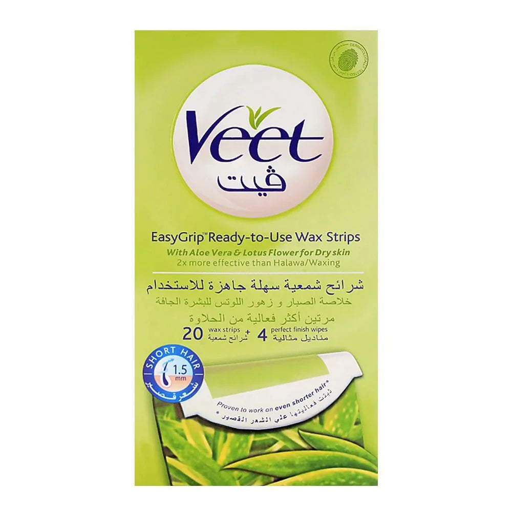 Veet EasyGrip Ready-to-Use ( 20 Wax Strips ) With Aloe Vera & Lotus For Dry Skin