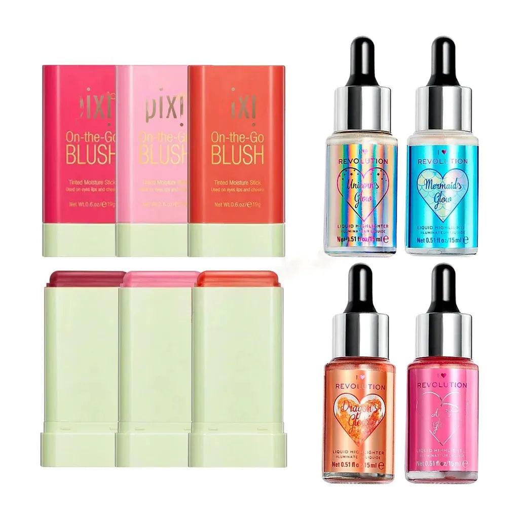 Pixi On-The-Glow Blush Stick 3 Pcs + Makeup Revolution Fantasy Liquid Highlighter Pack Of 4