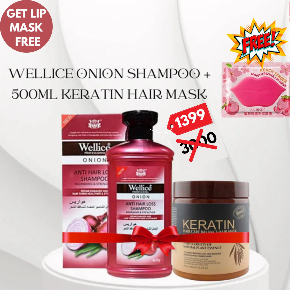 Wellice Onion Shampoo + 500 ML Keratin Hair Mask Brazil Nut + Lip Mask Free