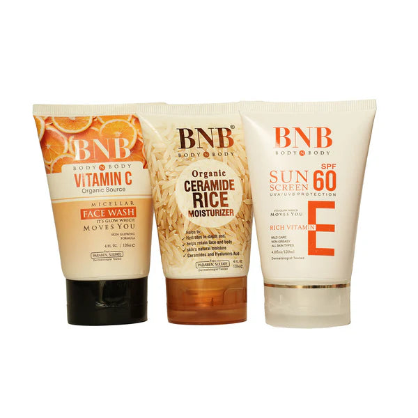 BNB Winter Glow Trio (Vitamin C Facewash 120ml + Vitamin E SPF 120ml+ Rice Extract Moisturizer 120ml)