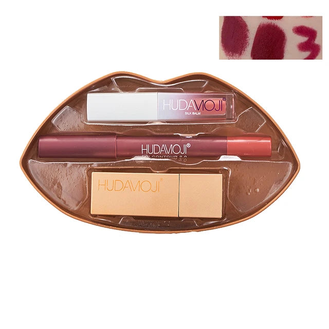 3 in 1 Set Velvet Matte Lipstick , Waterproof Lip Pencil & Lip Gloss Set