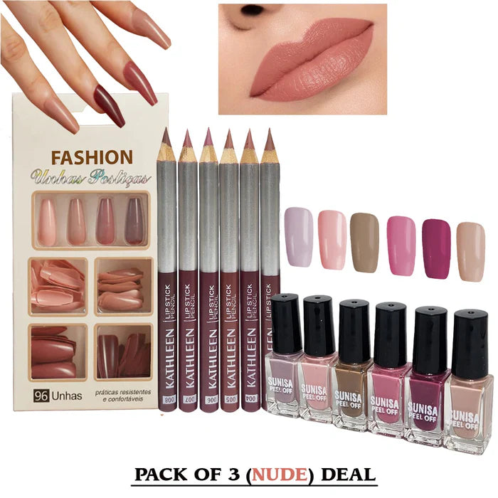 3 In 1 New Makeup Deal Kathleen 6 pcs Lip Liner Pencil +Sunisa 6pcs Nail Polish+96 pcs Fake Nails