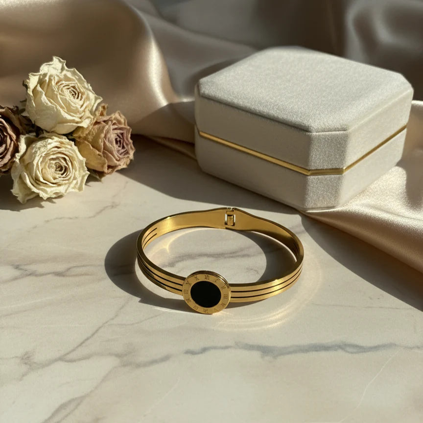 Roman Dial Black Enamel Gold Bangle