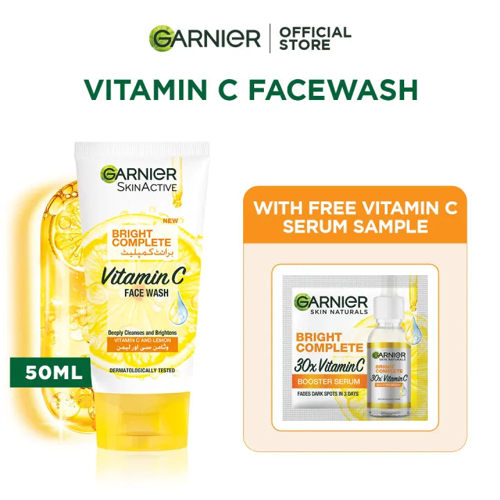 Garnier Bright Complete Vitamin C Facewash 50ml + Free Vitamin C Serum Sample