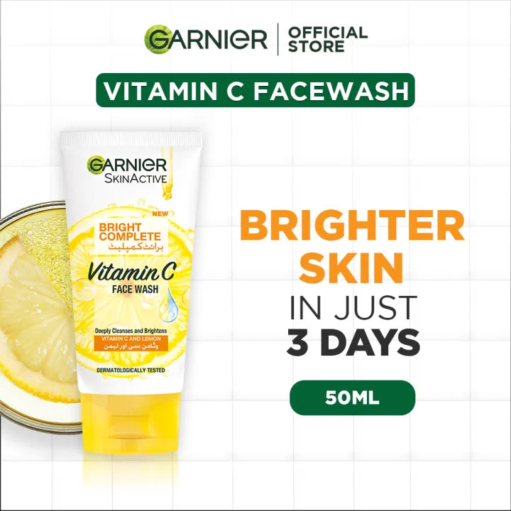 Garnier Skin Active Bright Complete Vitamin C Face Wash, 50ml - Cleanse, Remove Impurities, And Brightens Your Skin