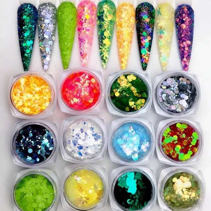 12 Colors Iridescent Bright Neon Chunky Glitter Mix