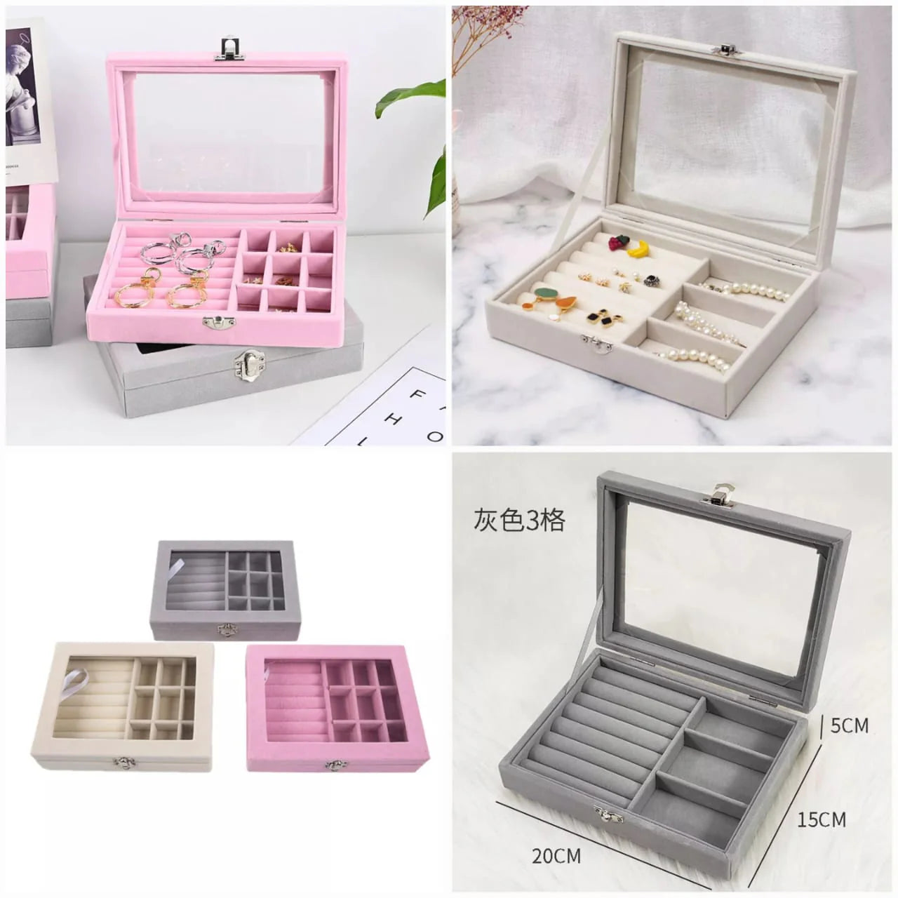 Velvet Glass Ring Earring Jewelry Display Organizer Box