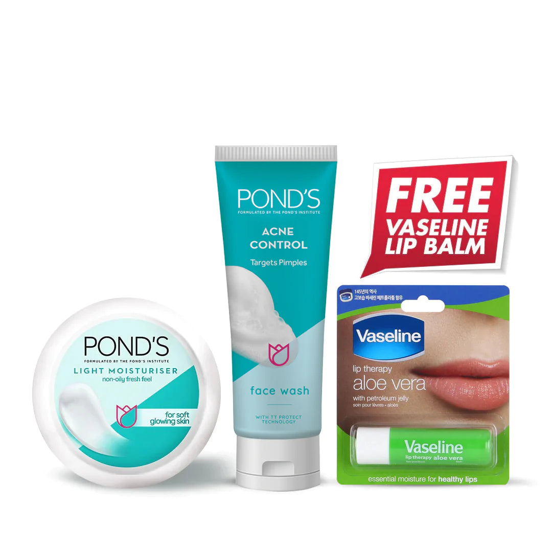 Bundle - Ponds Light Moisturizer + Ponds Acne Face Wash 100G with Free Vaseline Lip Balm