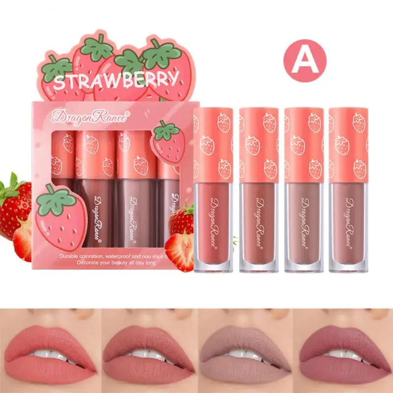 Dragon Ranee 4 Pcs Velvet Matte Lip Glaze Set Fruit Gloss Lip