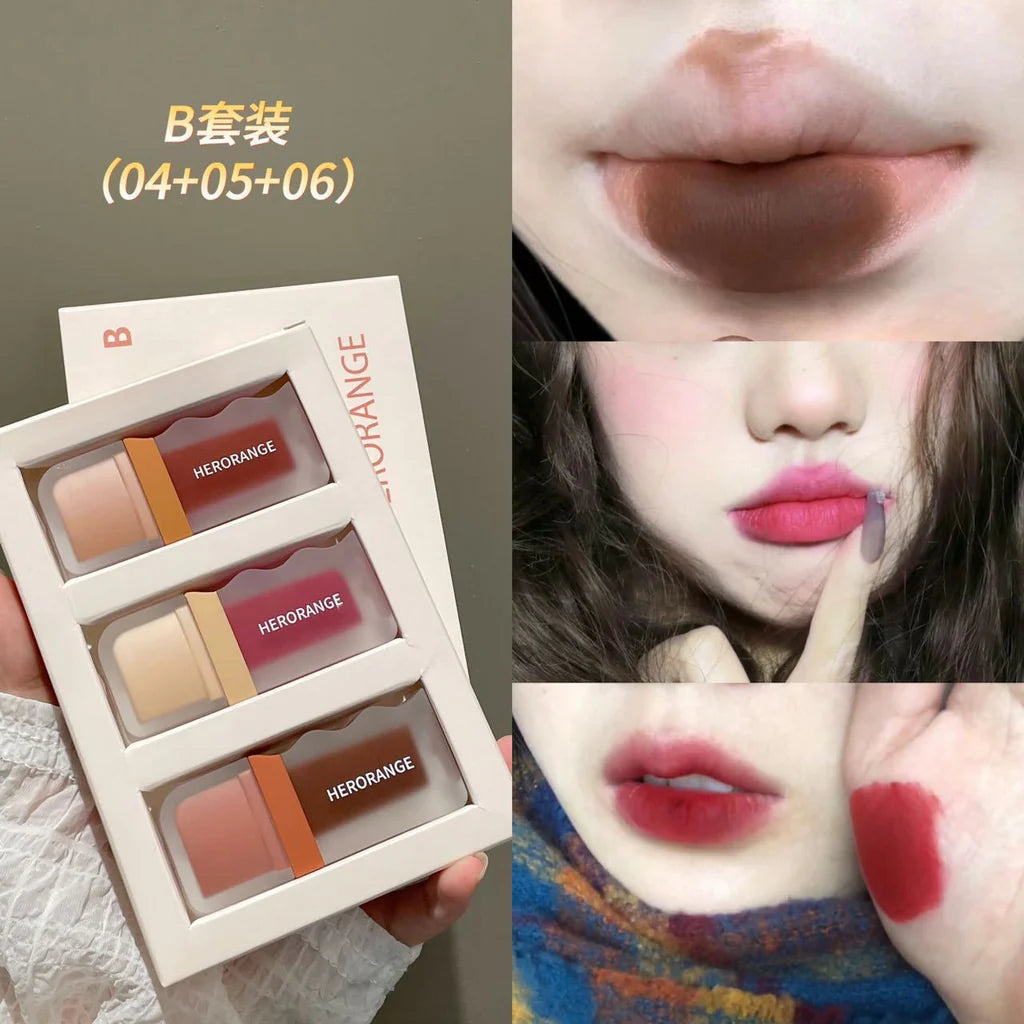 HERORANGE 3pcs New Cocoa Maillard Matte Lip Gloss Set