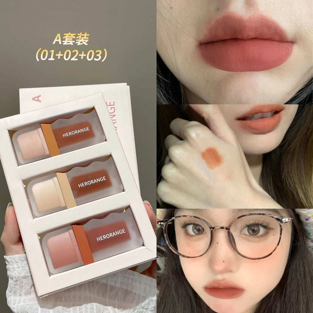 HERORANGE 3pcs New Cocoa Maillard Matte Lip Gloss Set