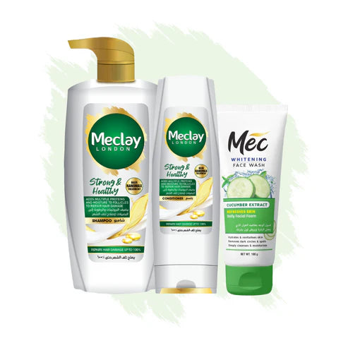 Meclay London Strong & Healthy Shampoo 660ml With Conditioner 180ml + Mec Cucumber Extract Face Wash Pair Box (Save Rupees 250)