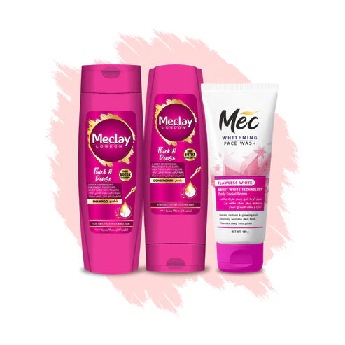 Meclay London Thick & Dense Shampoo 185ml With Conditioner 180ml + Mec Flawless White Face Wash Pair Box (Save Rupees 200)