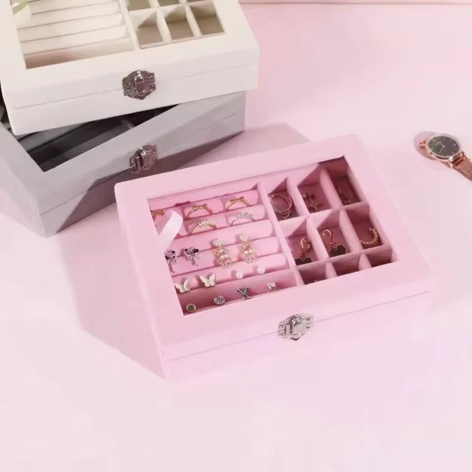 Velvet Glass Ring Earring Jewelry Display Organizer Box