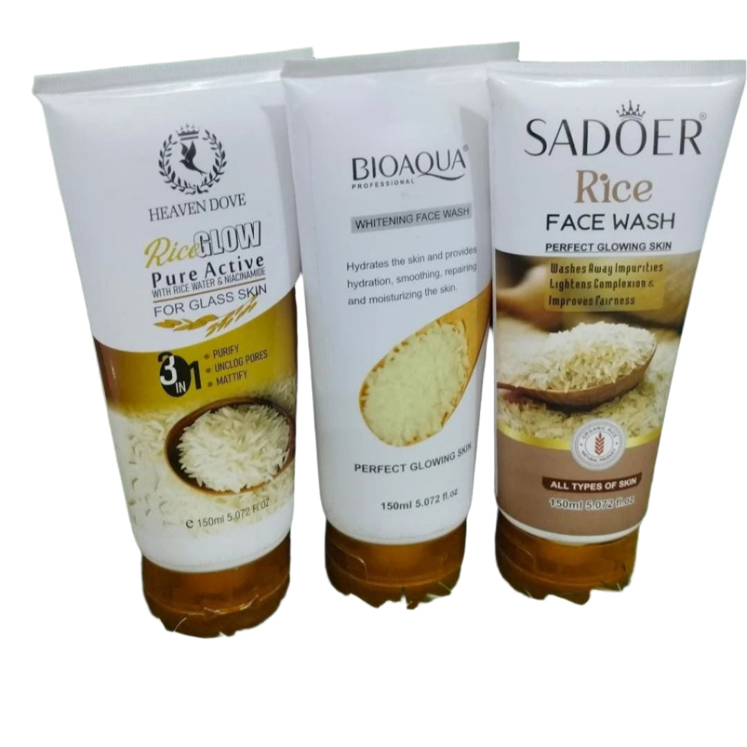 Heaven Dove, Bioaqua & Sadoer Rice Face Wash Trio (150ml Each)