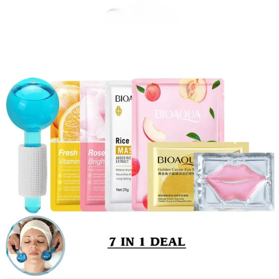 Ice Cool Roller Ball Face lifting Relaxation Massage + 4pcs Face Mask Sheets + 1pcs Lip Mask + 1 pair Eye Patches