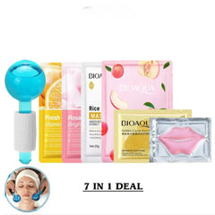 Ice Cool Roller Ball Face lifting Relaxation Massage + 4pcs Face Mask Sheets + 1pcs Lip Mask + 1 pair Eye Patches