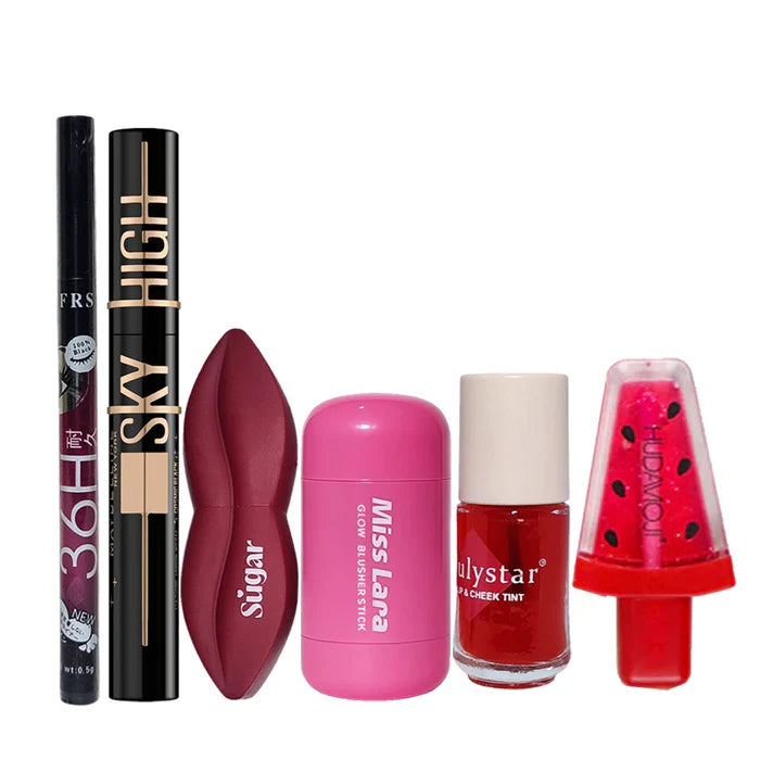 Makeup Essentials Combo Pack – Eyeliner + Sky High Mascara + Sugar Matte Lipstick + Miss Lara Blusher Stick + Julystar Lip & Cheek Tint + Huda Mini Gloss