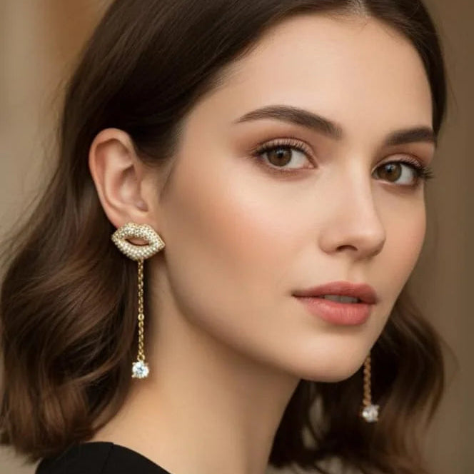 Gold Lips Pearl Drop Earrings – Glamorous Elegance with a Playful Twist