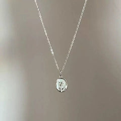 Silver Relief Round Enamel Tulip Flower Pendant – Elegant Artistic Floral Jewelry