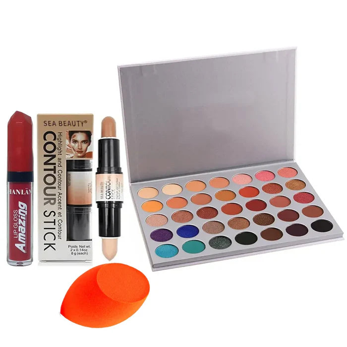 Pack of 4 Make deal (35 color makeup palette , Lip gloss , blender , 2 in 1 highlighter contour stick )