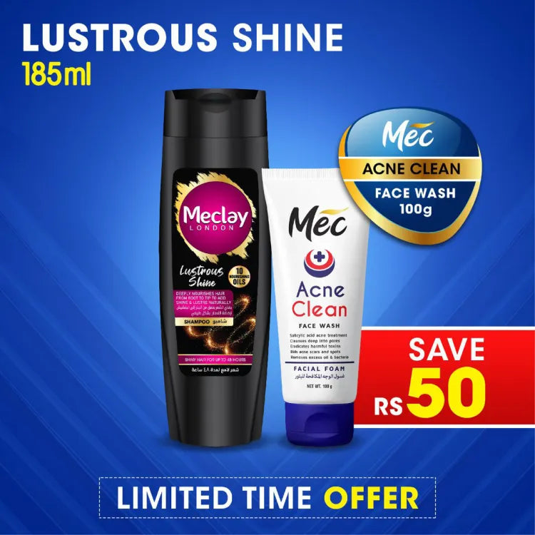 Mec Acne Clean Face Wash 100gm With Meclay London Lustrous Shine Shampoo 185ml (Save Rupees 50)