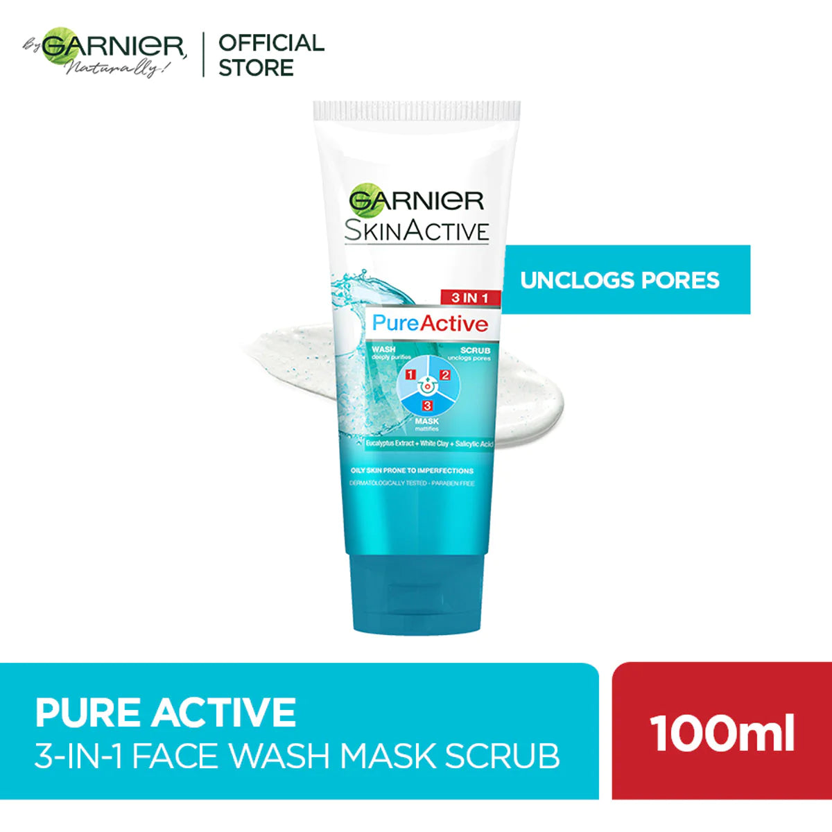 Garnier - Pure Active 3-in-1 Face Wash, Mask & Scrub