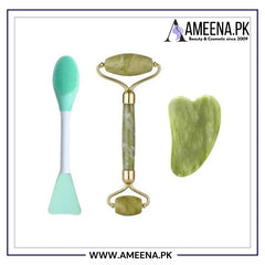 (Pack of 3) Jade Roller, Gua Sha & 2 in 1 Mask Brush and Massage Brush Set